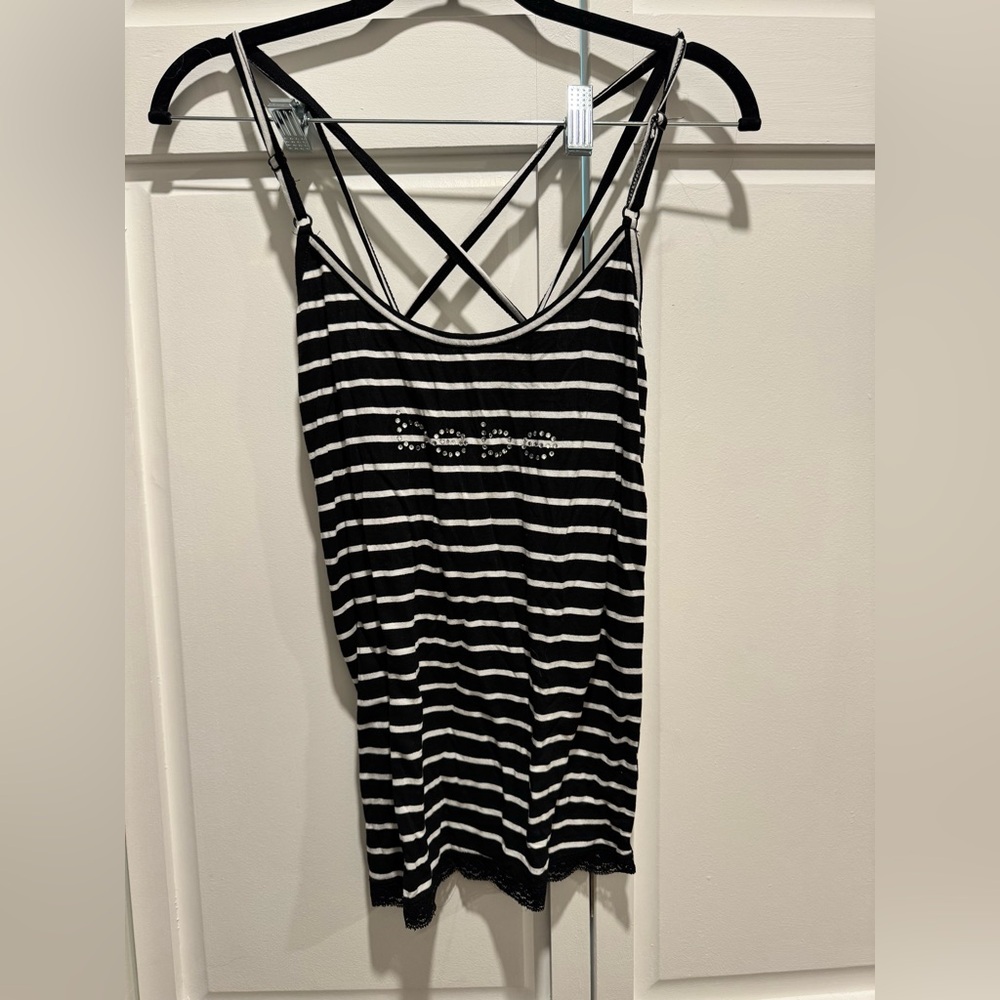 BEBE Y2K Ribbed Knit Black White Stripped Tank Top | Fitted | Size M | 2000s